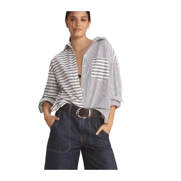 Anthro Maeve NWT Bennet Buttondown Blocked Stripe Shirt Blue/White Size XS - Picture 1 of 14